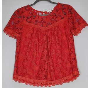 Willow & Clay Red Lace short sleeve Blouse Size XS Fully Lined